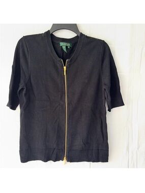 NWOT Lauren Ralph Lauren Black Gold Zip-Front Cotton Short Sleeve Cardigan SZ M